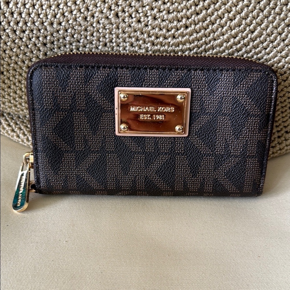 Michael Kors Dark Brown Signature MK Zip Wallet with Gold Plaque